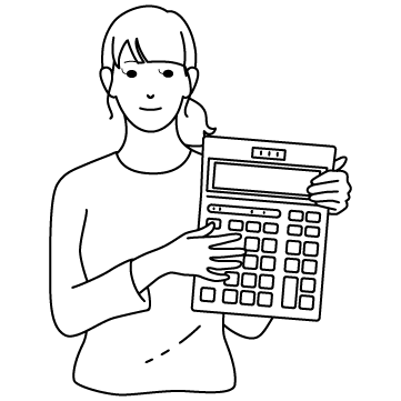 ライナストックの電卓を持つ女性の線画イラスト、シンプルな輪郭線タッチ