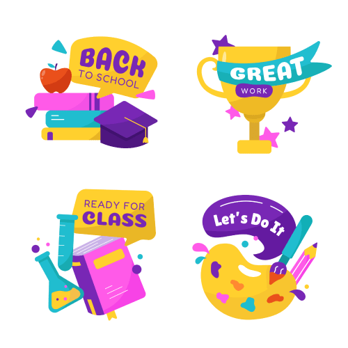 DrawKitのカラフルなバッジ風イラスト集、「BACK TO SCHOOL」「GREAT WORK」等のメッセージ入り4種のステッカーデザイン