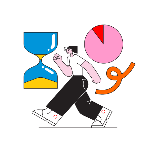 DrawKitの時間管理をテーマにしたイラスト、砂時計・円グラフと足早に歩く人物の線画イラスト