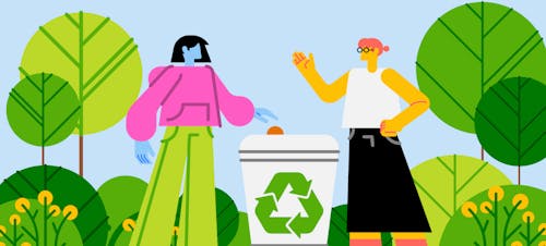 Blushの公園でリサイクルをする2人の女性のイラスト、緑の木々を背景にリサイクルボックスへ分別する場面