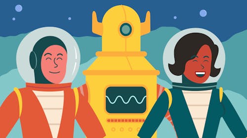 Blushの黄色い宇宙服を着た2人のキャラクターとロボットのイラスト、濃紺の背景