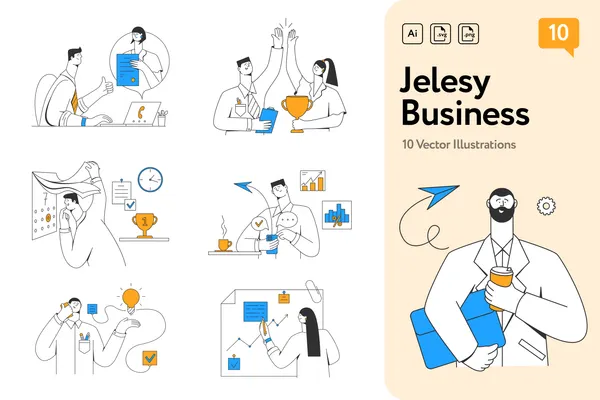 Iconscoutの「Jelesy Business」ビジネスイラストパック紹介画像、ハイタッチするビジネスパーソンやトロフィーなどオフィスシーンの線画イラスト