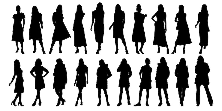Freepikのファッション女性のシルエットイラスト集、ワンピースやコートを着た女性の全身シルエット20種