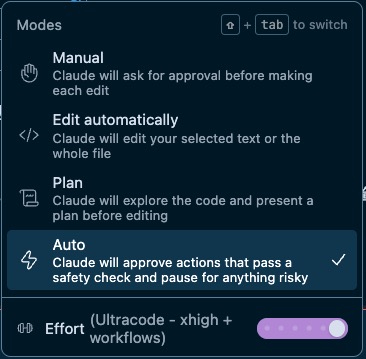 Claude Code VSCode拡張のModesパネル。下部にEffortのスライダーがありUltracode - xhigh + workflowsと表示されている