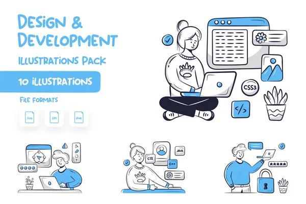 Iconscoutの「Design & Development」イラストパック紹介画像、ノートPCでコーディングする人物の線画イラストとパッケージ内容の一覧