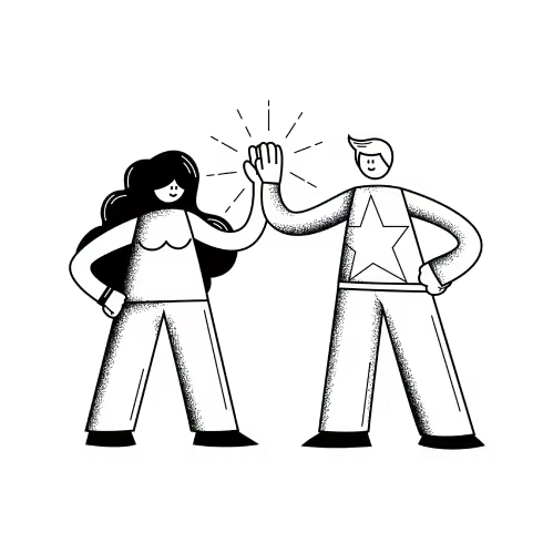DrawKitのハイタッチをする2人の人物イラスト、ドット柄の陰影をつけた線画タッチ
