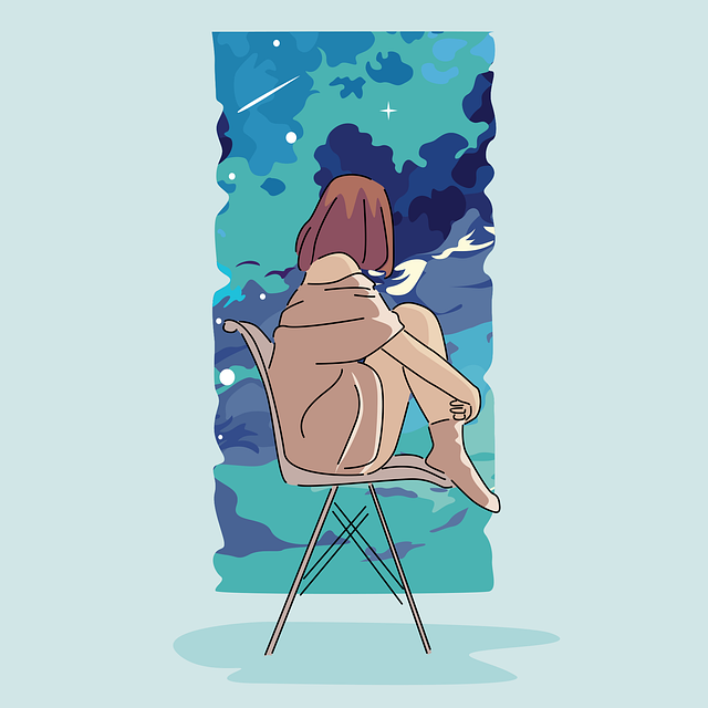 Pixabayの椅子に座り夜空のような抽象画を見つめる女性のイラスト、青緑系の配色