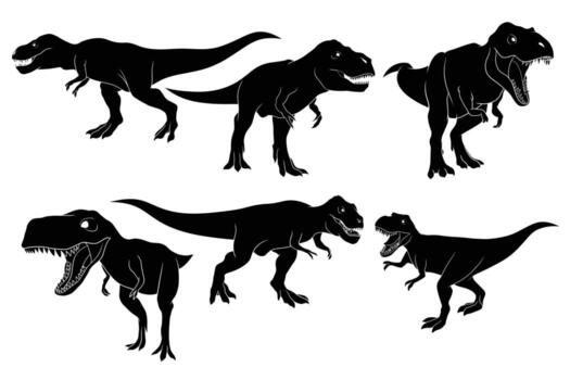 Vecteezyのティラノサウルスのシルエットイラスト集、走る・吠えるなど6種類のポーズを黒一色で収録