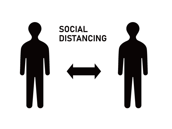 SILHOUETTE DESIGNのソーシャルディスタンスを表す人物シルエットイラスト、2人の間に両矢印と「SOCIAL DISTANCING」の文字入り