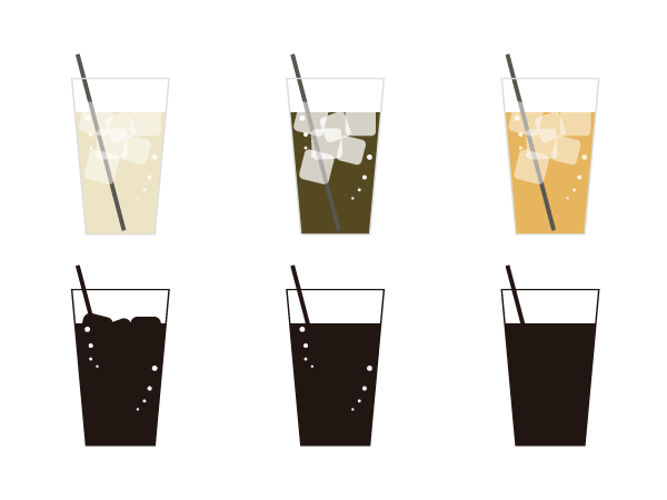 SILHOUETTE DESIGNのアイスドリンク(コーラ・コーヒーなど)のイラスト、グラス6種類を並べたカラーイラスト