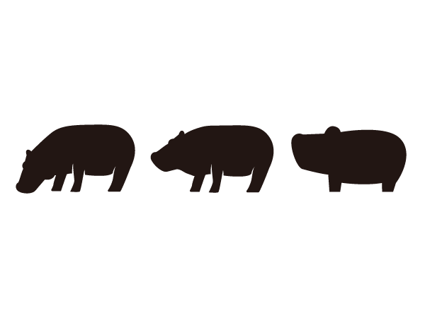 SILHOUETTE DESIGNのカバ(河馬)のシルエットイラスト3種、黒一色で異なるポーズを収録