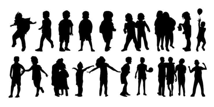 Freepikの子どものシルエットイラスト集、遊ぶ・手をつなぐなど様々なポーズの子どもたち