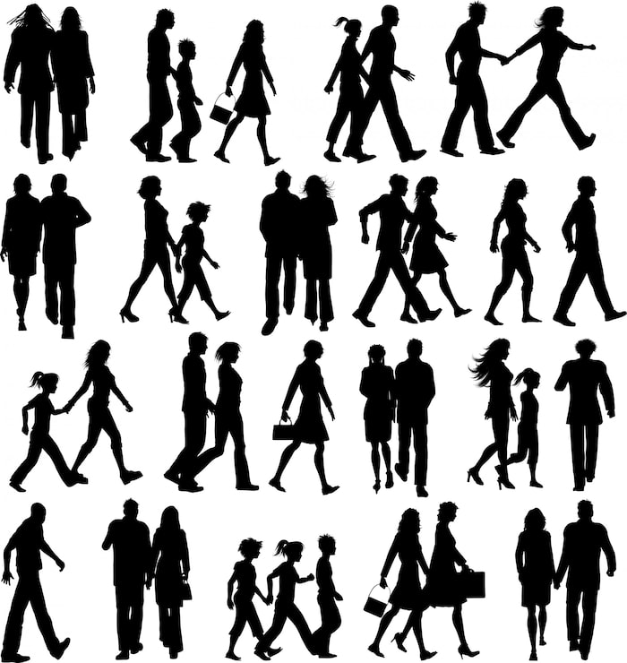 Freepikの歩く人々のシルエットイラスト集、カップルや親子連れなど多数のポーズを収録