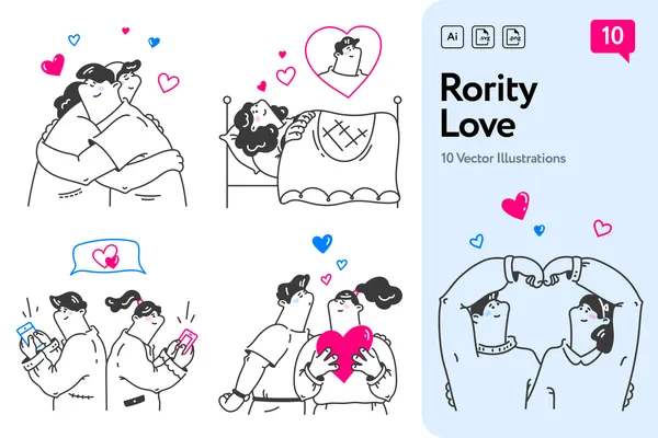 Iconscoutの「Rority Love」恋愛・カップルイラストパック紹介画像、ハグをするカップルやハートマークの線画イラスト
