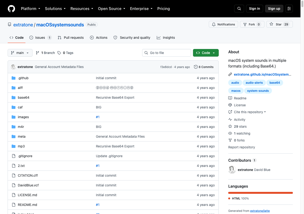 GitHubで公開されているmacOS System Soundsリポジトリのファイル構成