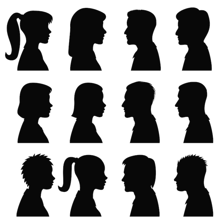 Freepikの男女の横顔シルエットアイコンセット、12種類のヘアスタイル違いの横顔