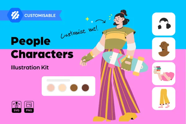 Iconscoutの「People Characters」イラストキット紹介画像、スケートボードに乗る女性キャラクターと肌色バリエーションのカラーパレット