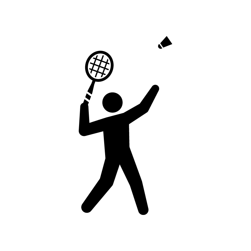 SILHOUETTE ILLUSTのバドミントンをする人物のシルエットイラスト、ラケットを振り上げるポーズ