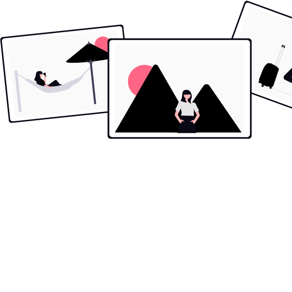 unDrawの旅行をテーマにしたポラロイド風イラスト、ハンモックでくつろぐ人物や山の夕日を眺める人物の写真カード風デザイン